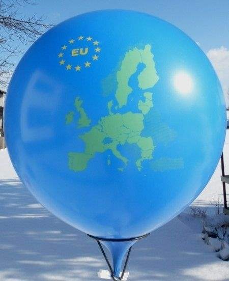 EU Politisch mit EU-Sternkreis Ø 33cm  WEISS , 2seitig 2farbig bedruckter Luftballon MR100B-22,  Ballonstutzen unten