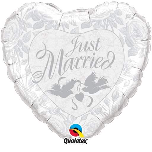 FOBM090-3090598BA Silber Motivherzballon 91cm(36") mit Aufdruck Just Married mit Tauben