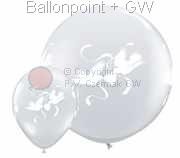R085Q-0223-R Runde Hochzeitsballon Ø28cm, Aufdruck mit Herzen und Tauben in Weiß