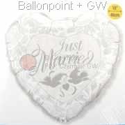 FOBM045-3045338BA Motivherzballon 45cm(18") mit Aufdruck Just Married und Tauben, SB-verpackt