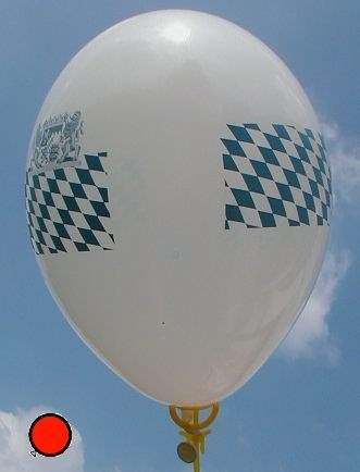 MR100-2312-41H-V-BY5 Ø~33cm Bayern-Flaggenballon mit Rautenmuster 2seien mit Löwenwappen, Ballonfarbe WEISS, Druck mit 4seitigem 1farbigen Aufdruck in Siebdrucktechnik, Ballonstutzen unten.