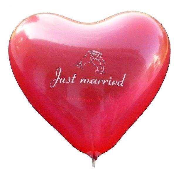 Just Married + Hände, 40cm breite Motivherz in ROT, Druckfarbe weiß 2seitig/1farbig bedrucktes Typ H040n extra stark