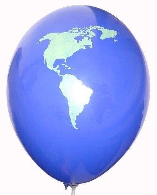 Weltkugel Ø 33cm (12inch),  MR100B-21V-WEK01 standard Motivluftballon BLAU mit Weltkontinente Europa-Asien-Amerika, Afrika Aufdruck in grün, 2seitig 1farbig unterschiedlich bedruckt, Stutzen unten