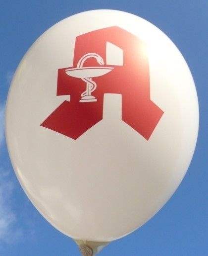 Apotheke Ø 33cm (12inch),  MR100-R01-21 WEISS mit Aufdruck rot, 2seitig 1farbig, Ballonstutzen unten