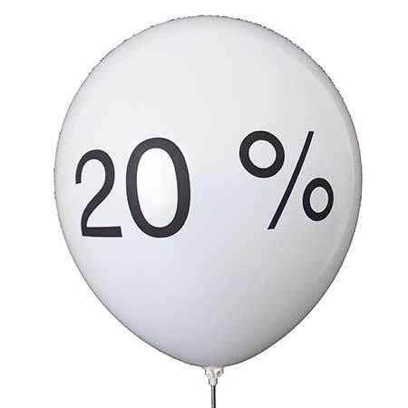 20 %  Ø 33cm (12inch),  MR100-R01-21 WEISS mit Aufdrucki  schwarz, 4seitig 1farbig, Ballon Stutzen unten
