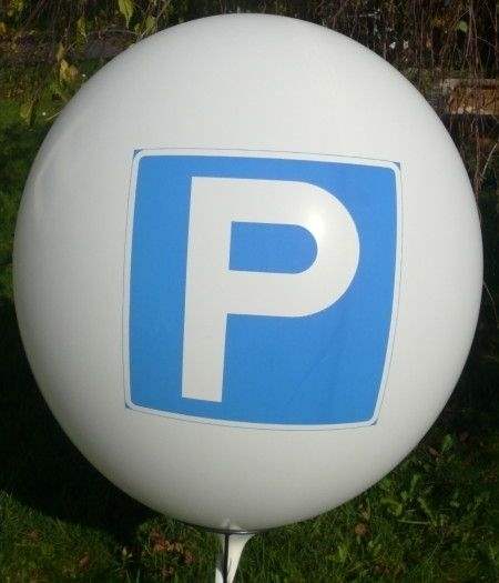 P = PARKEN Ø 33cm (12inch),  MR100-R01-21 WEISS mit Aufdruck in blau, 2seitig 1farbig, Ballon Stutzen unten