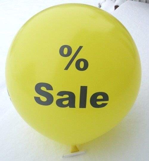 black % Sale Ø 33cm (12inch), % Sale Balloon WHITE with black % Sale 2-sided 1coloublack printed, balloon spout at the bottom