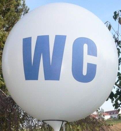 WC Ø 33cm (12inch),  MR100-R01-21 WEISS mit Aufdruck in blau, 2seitig 1farbig, Ballon Stutzen unten