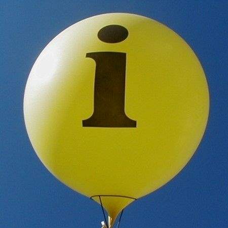 I = Info Ø 33cm (12inch), Balloon WHITE with black I = Info 2-sided 1coloublack printed, balloon spout at the bottom