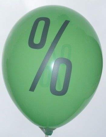 % Ballons mit 33cm/55cm/80cm/100cm/120cm/165cm/210cm  Durchmesser, Ballone in WEISS mit % in schwarz, 2 bzw 3seitig 1farbig bedruckt, BallonStutzen unten.