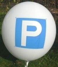 black P = PARKEN Sale, Balloon WHITE with black P = PARKEN 2 or 3sided 1coloublack printed, balloon spout at the bottom