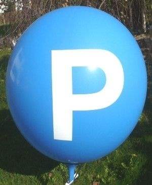 P = PARKEN Ø 100cm (40inch), Balloon BLUE with white P = PARKEN 2-sided 1colour blue printed, balloon spout at the bottom