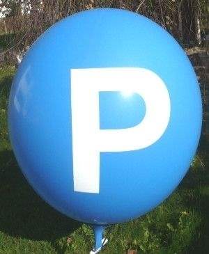 P = PARKEN Ø 100cm (40inch),  MR265-31 BLAU - Aufdruck  in weiß, 3seitig 1farbig bedruckt, Stutzen unten