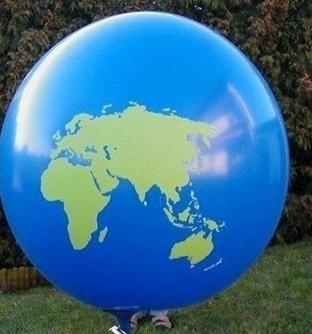 Weltkugel Ø 120cm (40inch),  MR350-21V-WEK01 extra starker Riesen-Motivluftballon HELLBLAU mit Weltkontinente Europa-Asien-Amerika, Afrika Aufdruck in grün, 2seitig 1farbig unterschiedlich bedruckt, Stutzen unten