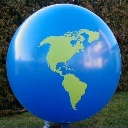 Weltkugel Ø 120cm (40inch),  MR350-21V-WEK01 extra starker Riesen-Motivluftballon TRANSPARENT mit Weltkontinente Europa-Asien-Amerika, Afrika Aufdruck in grün, 2seitig 1farbig unterschiedlich bedruckt, Stutzen unten