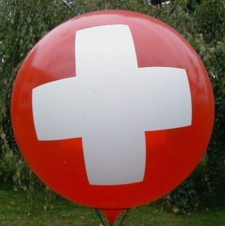 Red Cross Ø 120cm (48inch), First Aid Balloon RED with white CROSS 3-sided 1coloured printed, balloon spout at the bottom