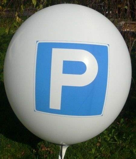 P = PARKEN Ø 120cm (48inch),  MR350-31 WEISS - Aufdruck  in blau, 3seitig 1farbig bedruckt, Stutzen unten