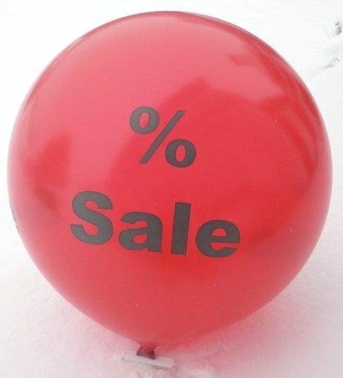 black % Sale Ø 120cm (48inch), % Sale Balloon WHITE with black % Sale 2-sided 1coloublack printed, balloon spout at the bottom