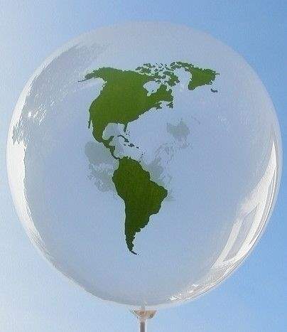 Weltkugel Ø 35cm (12inch),  MR100U-21V-WEK01 extra starker Motivluftballon TRANSPARENT mit Weltkontinente Europa-Asien-Amerika, Afrika Aufdruck in grün, 2seitig 1farbig unterschiedlich bedruckt, Stutzen unten