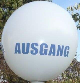 AUSGANG Ø 165cm (66inch), Riesenmotivballon MR450-21 WEISS - Aufdruck  in dunkelblau, 2seitig 1farbig bedruckt, Stutzen unten