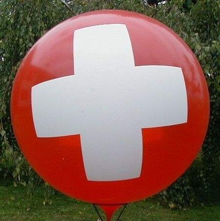 white Cross Ø 80cm (32inch), First Aid Balloon WHITE with red CROSS 3-sided 1coloured printed, balloon spout at the bottom
