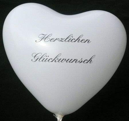 Herzballon  32cm breit - WEISS mit Ihrem Wunschaufdruck, 1seitig 1farbig bedruckt, Typ H032T-11, Stutzen unten