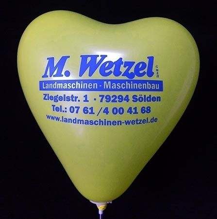 Herzballon  32cm breit - GELB mit Ihrem Wunschaufdruck, 2seitig 1farbig bedruckt, Typ H032T-21, Stutzen unten