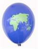 Weltkugel Ø 33cm (12inch),  MR100B-21V-WEK01 standard Motivluftballon HELLBLAU mit Weltkontinente Europa-Asien-Amerika, Afrika Aufdruck in grün, 2seitig 1farbig unterschiedlich bedruckt, Stutzen unten