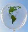 Weltkugel WEK01 auf Ø33cm/55cm/80cm/100cm/120cm/165cm/210cm Riesen-Motivluftballon mit Weltkontinente Europa-Asien-Amerika Aufdruck in grün, 2seitig 1farbig unterschiedlich bedruckt, BallonStutzen unten.